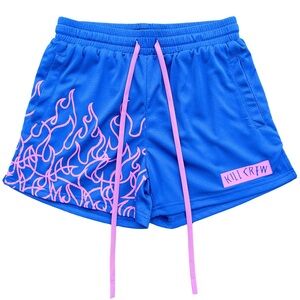Kill Crew Blue and Pink Athletic Shorts with Flame Design